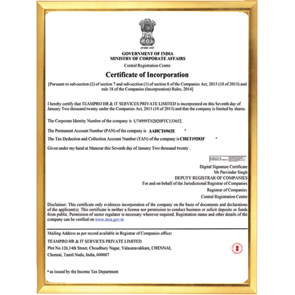 Incorporation Certificate India